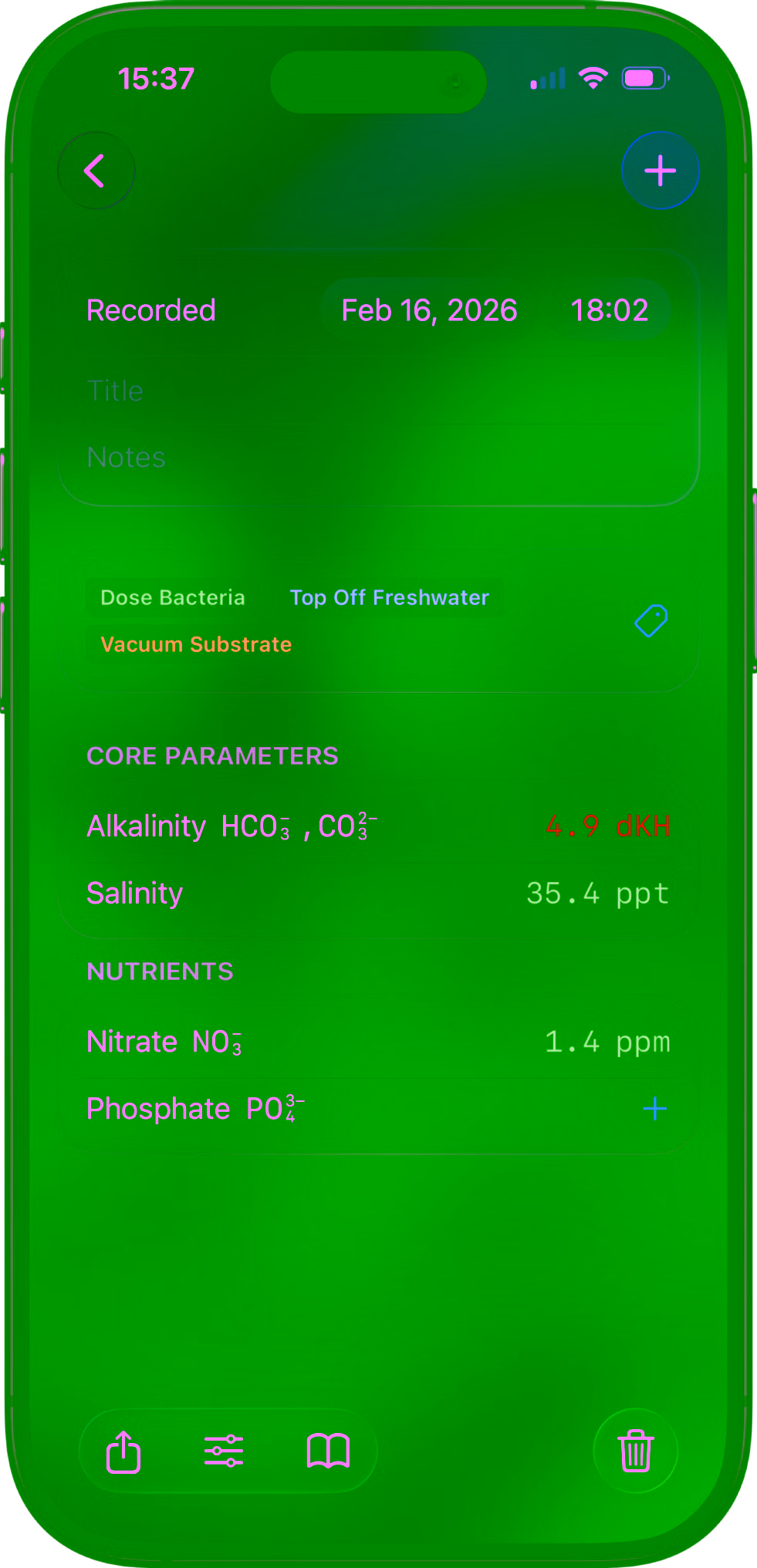 Reef Book log summary card showing notes, tags, and recorded parameter values together.
