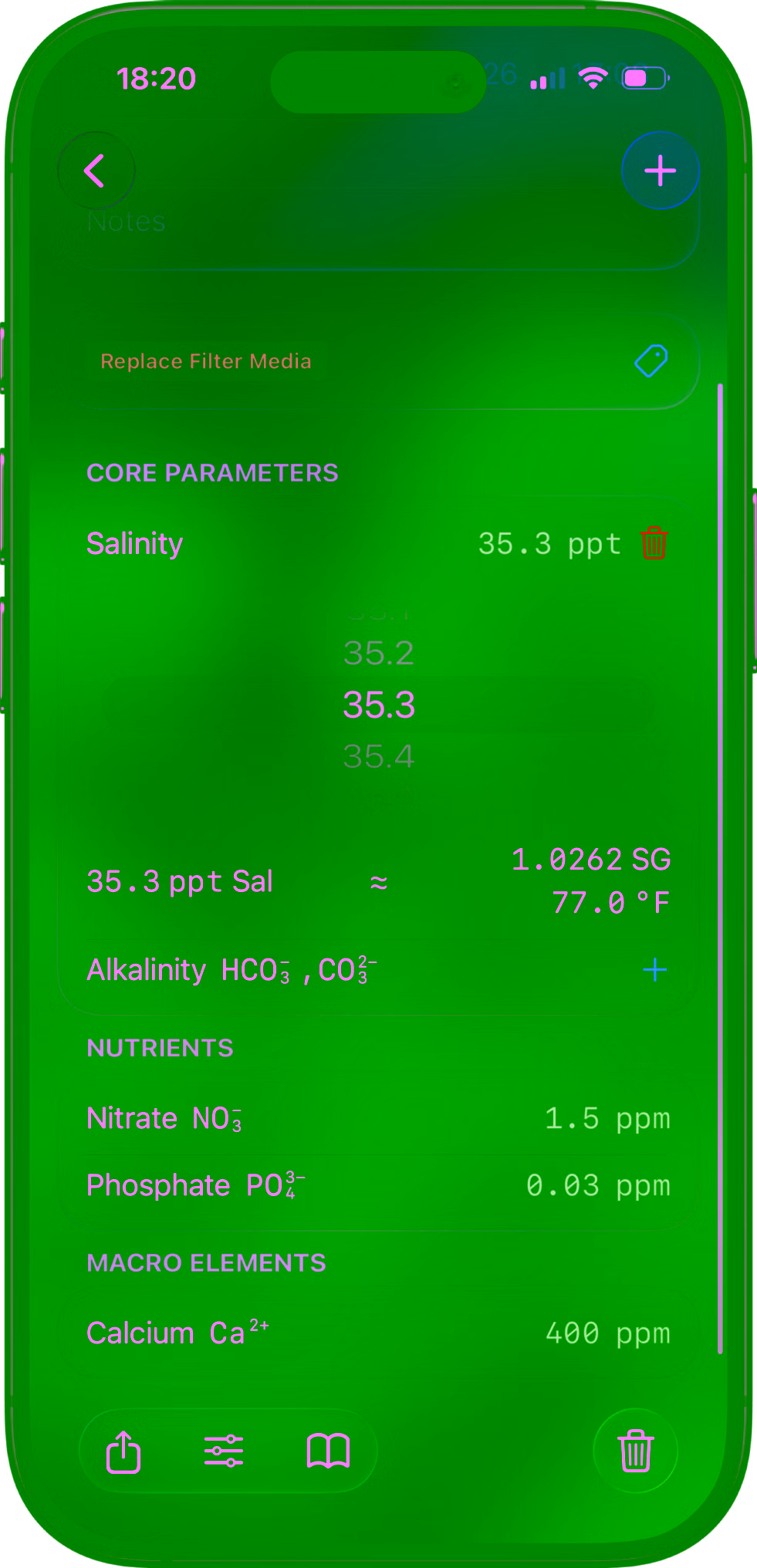 Reef Book logging screen for entering salinity and other core water parameters.