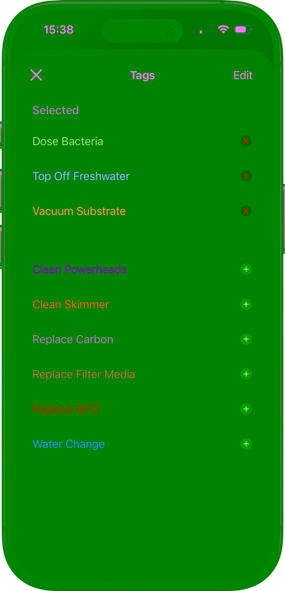Reef Book log history list with recorded sessions and quick parameter snapshots.