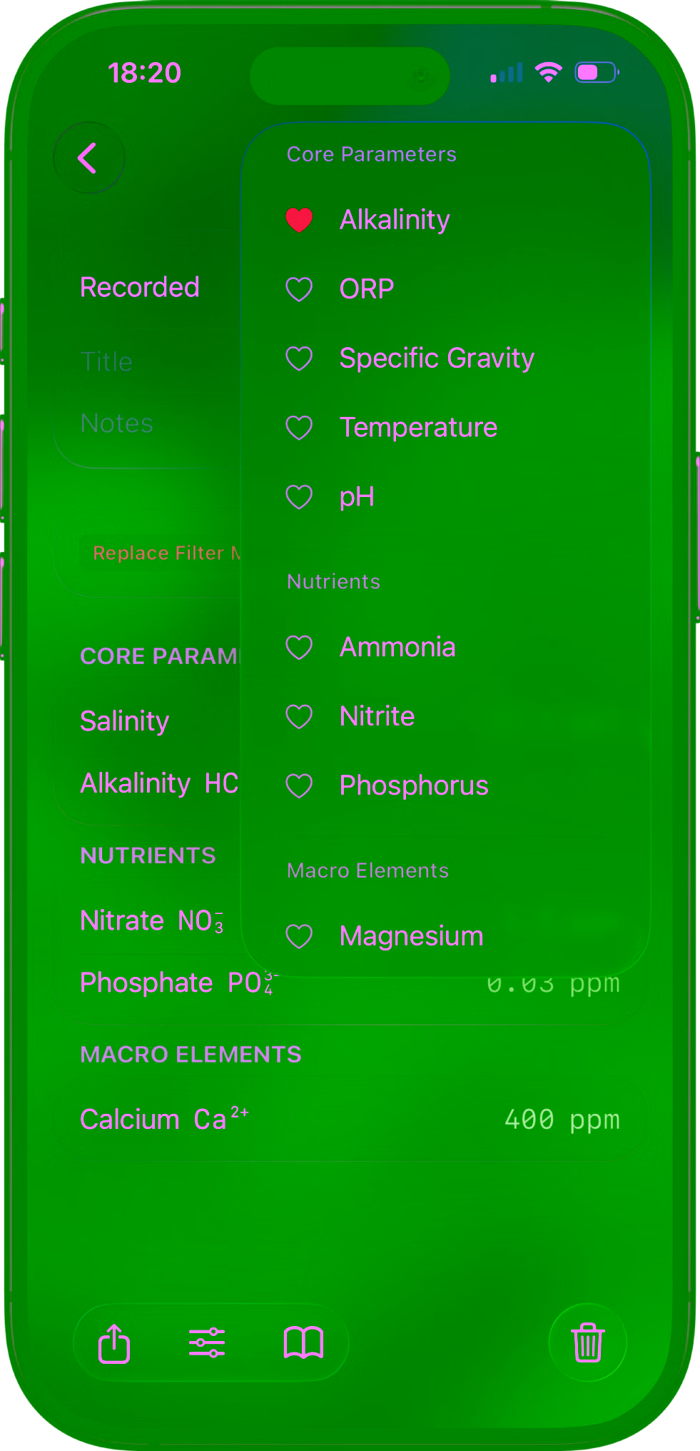 Reef Book pinned parameters view with salinity, alkalinity, nitrate, and phosphate displayed together.