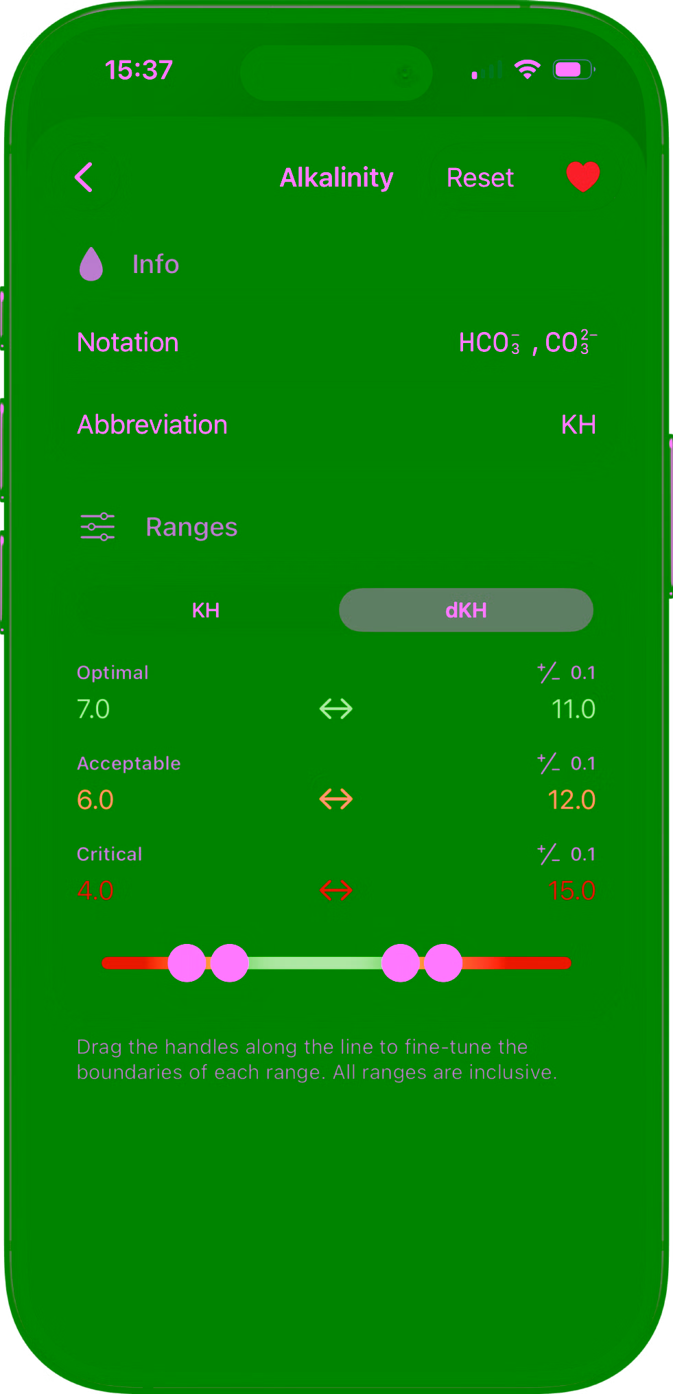 Reef Book parameter management screen listing enabled measurements and preferred units.