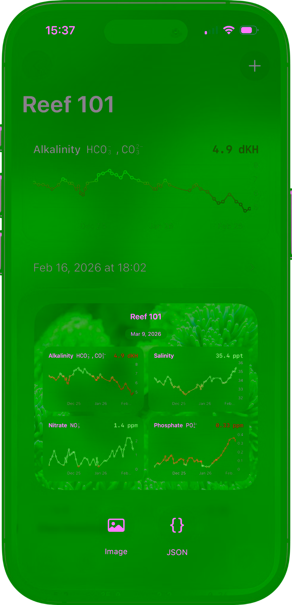 Reef Book log card preview prepared for sharing with parameter values over an aquarium photo.