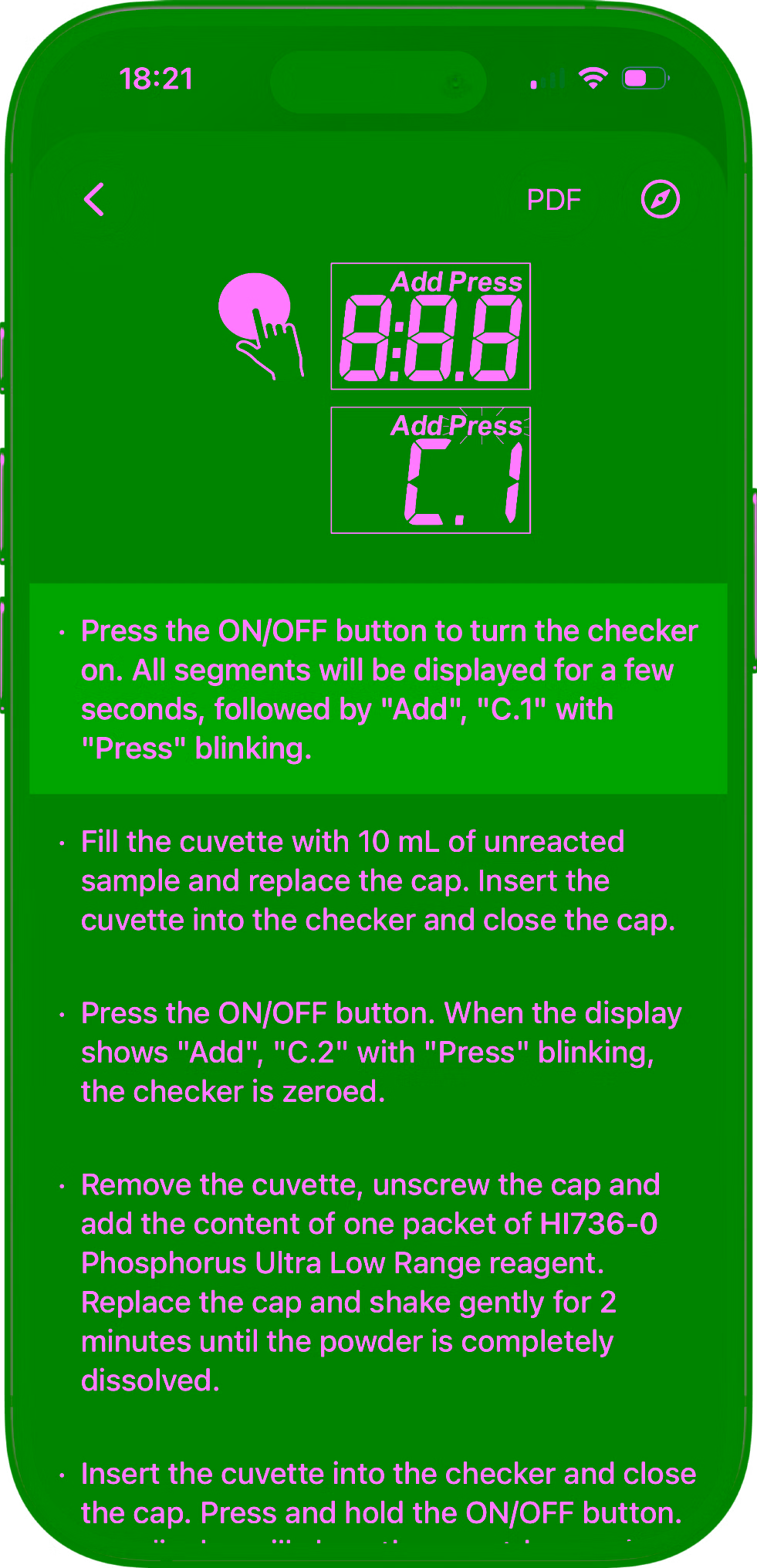 Reef Book test kit reference showing a result display with step-by-step guidance below.