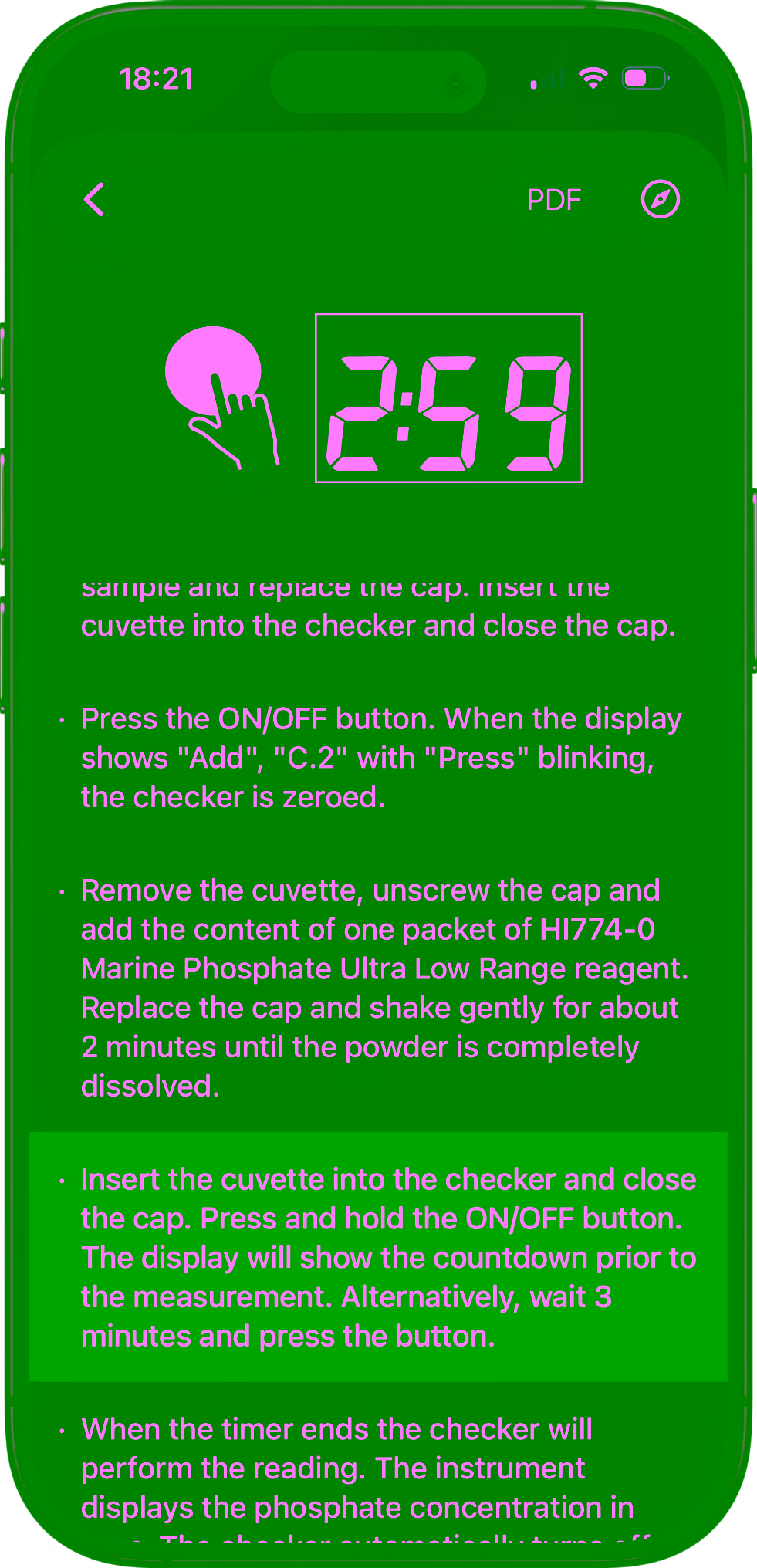 Reef Book test kit instructions with highlighted measurement guidance and a timer reference.