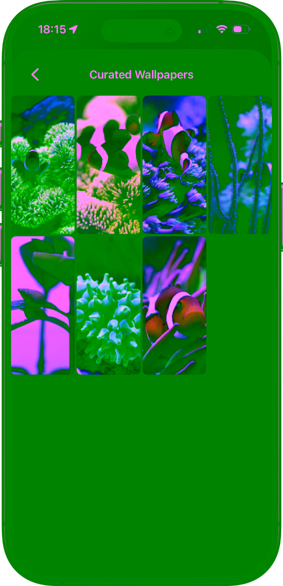 Reef Book wallpaper preview screen showing a clownfish image framed for the phone lock screen.